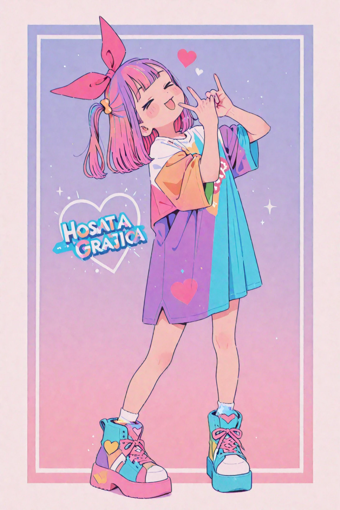 I want one、I want a picture of a person。\n pink gradation hair\n delicate\n pop and colorful clothes\n over 20 years old\n full body\n in poses that make a heart shape with both hands {x} n\n wear shining accessories\n I'm posing in the hustle and bustle of Harajuku in Japan\