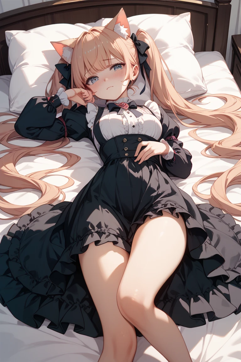 Correct anatomy.、unprotected appearance、Idol face、(completely defenseless、)1girl in, Solo,Squint at the pleasure、
Large breasts, Clothes with less fabric area、voluminous white frills、
frilled Shirt collar, Long sleeves, Black panties, blonde hair、Twin-tailed、blue eyelid panties, \(Clothing\), croptop, Black_Shirt, Barefoot, Gothic bedroom, Frills with small area, wariza,Perfectly beautiful arms、Perfectly beautiful legs、