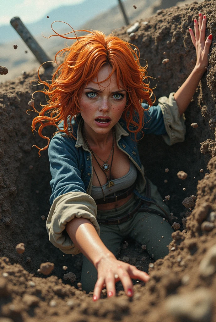 Masterpiece, a beautiful red-haired Amazon woman completely soiled with mud, trying to crawl out of a deep swamp pit, ((Michelle Pfeiffer:0. 5)), dressed matte blue ripped skirt, full of mud stains and with several holes everywhere, and light blue ripped blouse, full of mud stains and several holes everywhere, (medium breasts), (perfect body with slight bleeding scrapes here and there), (red matted hair), (long curly hairstyle), outside, (skin texture:1.1), (best quality, ultra-high resolution, Raw photo). 1), best quality, ultra-high resolution, Raw photo, Nikon D850, backlight, flood light, bright sunlight, film grain:1.2, (warm tone, warm tone:1.2), (color photo), futuristic pyramid city background.
Translated with www.DeepL.com/Translator (free version)