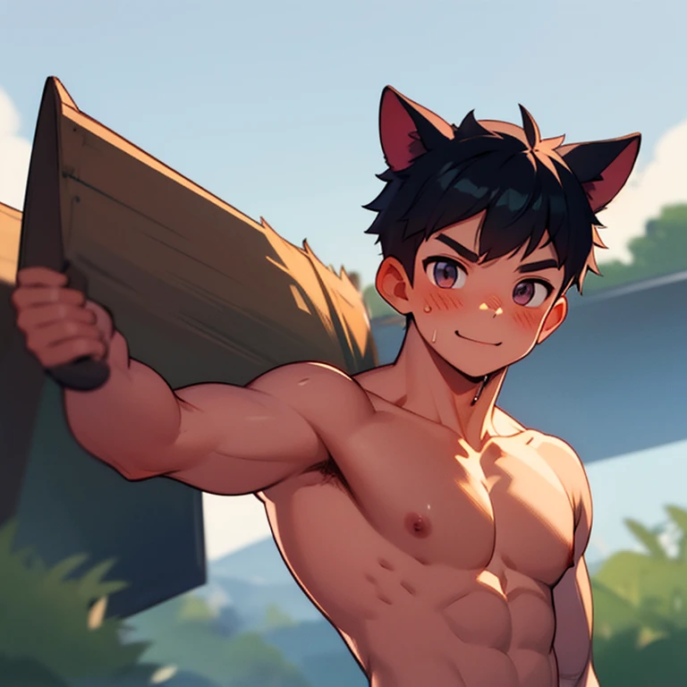 Colorful ic0n icons, ik1, 1 boy, brown hair, Cat ear, cartoon bones, Shining eyes, Excited, Well-defined abs, sweat, (12 years old), outdoor