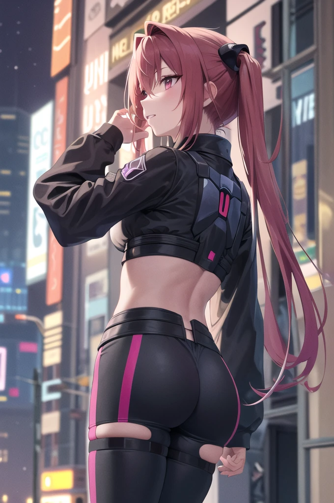 young girl, long red hair, punk haircut, turquoise eyes, Scars, punk make-up, leather jacket, Burns, madness, smirk, Masterpiece, highly quality, show ass, tiny ass, thin leg, butt holding, pussy