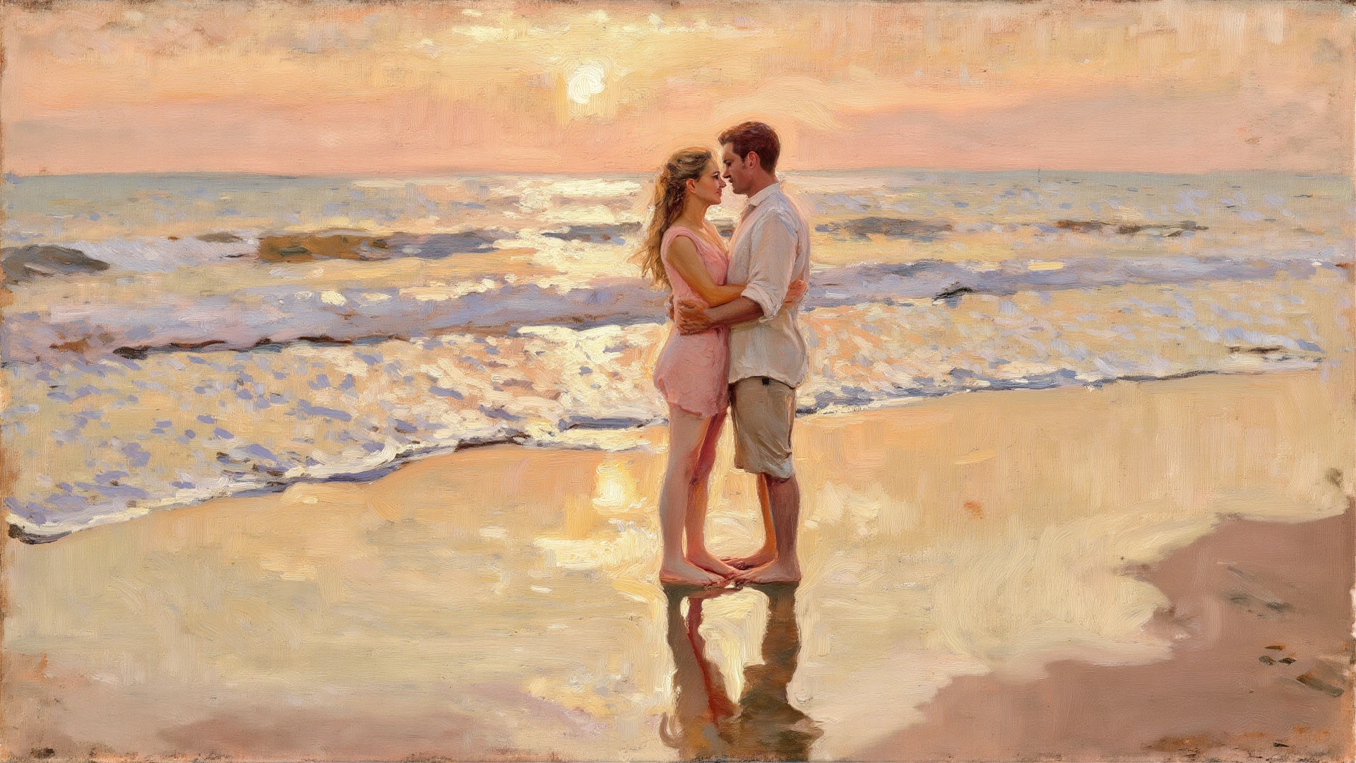 beautiful sunset, romantic couple, passionate kiss, love, sunset colors, soft lighting, intimate atmosphere, gentle breeze, warm embrace, genuine affection, tranquil setting, special moment, heartfelt connection