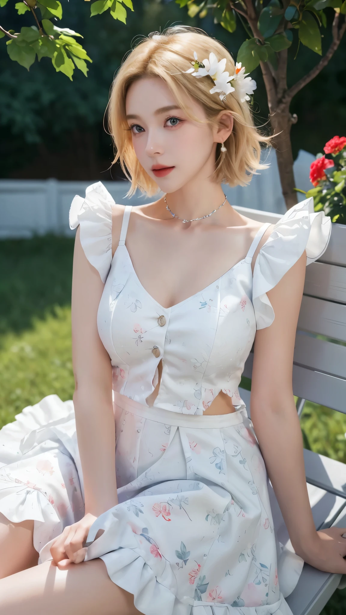 ((((masterpiece, Best Quality, High resolution)))), extremely detailed 8K, sexy Beautiful new employee with slim body, (Ultra HD, Ultra-detailed, Highly detailed, Highly realistic, Ultra-realistic, photos realistic), (1girl:1.5), blonde hair, short bob cut like, (dynamic poses), facing at camera, light smile, (huge breasts: 1.2), (beautiful detailed face, Beautiful detailed eyes), (white sleeveless frilly long coat, Chest button not fastened,The chest of the coat widely open,Thin material,white frilly long Skirt, red flower creasts printed:1.5), (pink nipples visible through shirt:1.2), Glow, Sweat, (rays of sunshine, Sunlight),sexy long legs, nakeness,bared chest,Sexy, Blushing,look up to the sky, ultra realistic wide landscape, photogenic scenery,sitting on the bench outdoor flower park, windy day,hair blowing in the wind