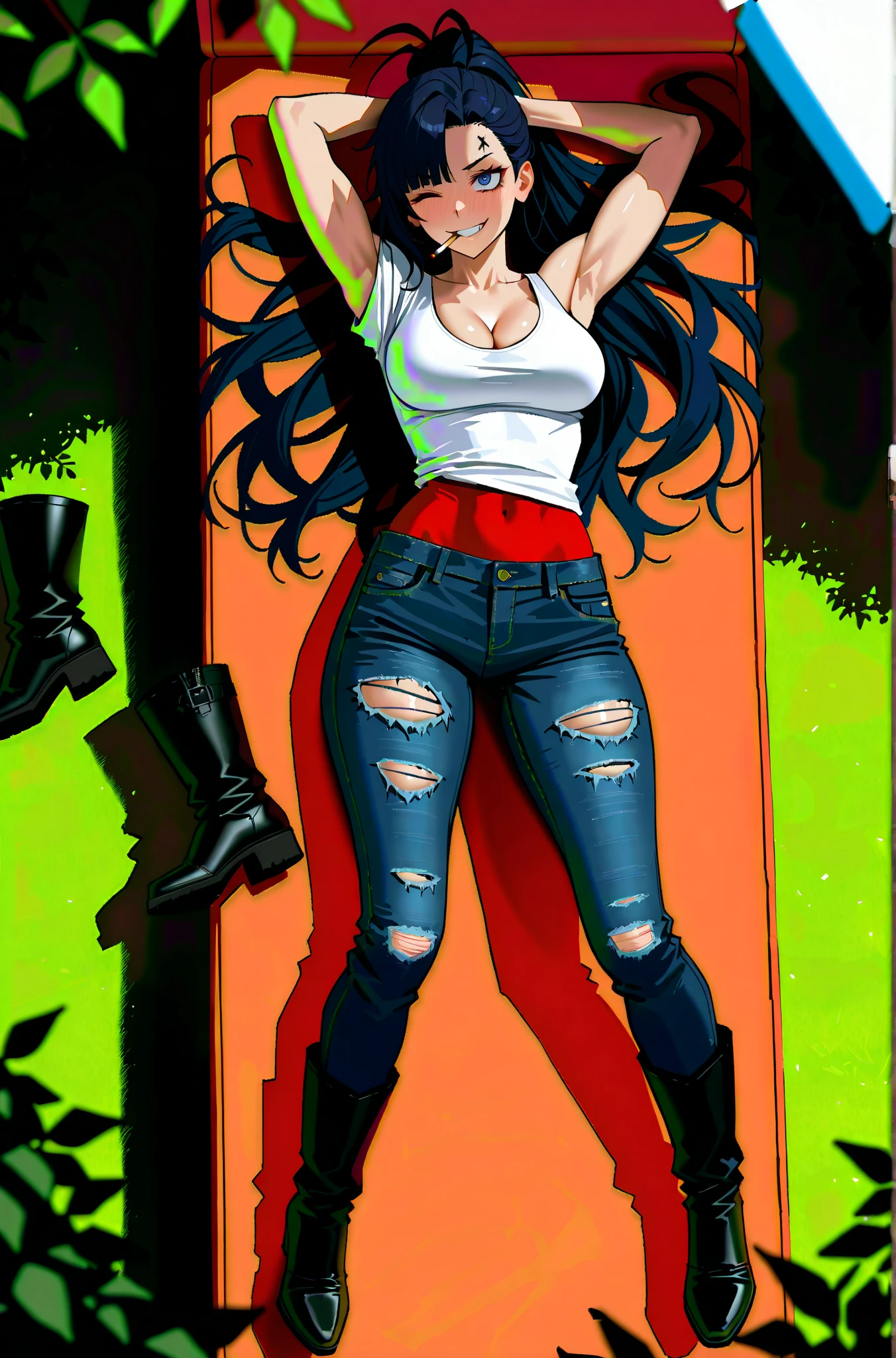 official style, screenshot, missme jeans, black jeans, belt, rhinestones, rhinestone belt, fine fabric emphasis,
1girl, Shego, from behind, standing, cowboy shot, ass, black bra, bare shoulders, missme jeans, pussy, girl on top, reverse cowgirl position, penis, vaginal, looking back, open mouth, night, aura, 
<lora:missme-122:1>