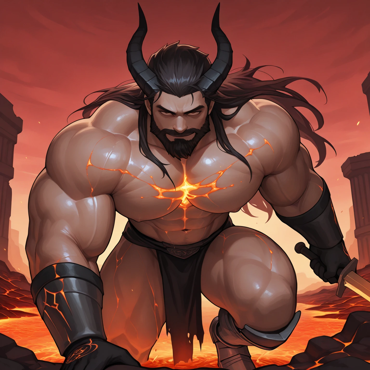 Personagem de RPG, half-human demon red skin muscular, cabelos pretos longos barbicha e bigode chifres apontados pra frente, armadura verde musgo e detalhes dourados