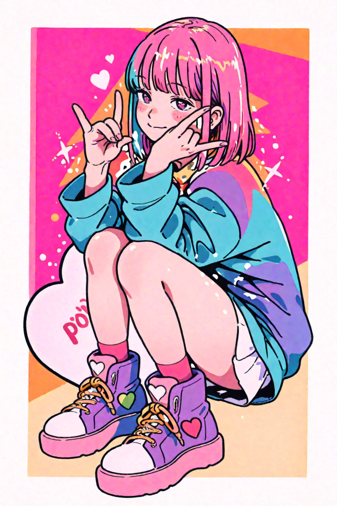 I want one、I want a picture of a person。\n pink gradation hair\n delicate\n pop and colorful clothes\n20 years old\n full body\In a pose where you use both n hands to make a heart shape\n wear shining accessories\n I'm posing in the hustle and bustle of Harajuku in Japan\