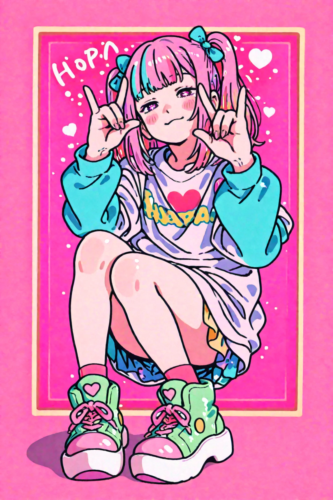 I want one、I want a picture of a person。\n pink gradation hair\n delicate\n pop and colorful clothes\n20 years old\n full body\In a pose where you use both n hands to make a heart shape\n wear shining accessories\n I'm posing in the hustle and bustle of Harajuku in Japan\