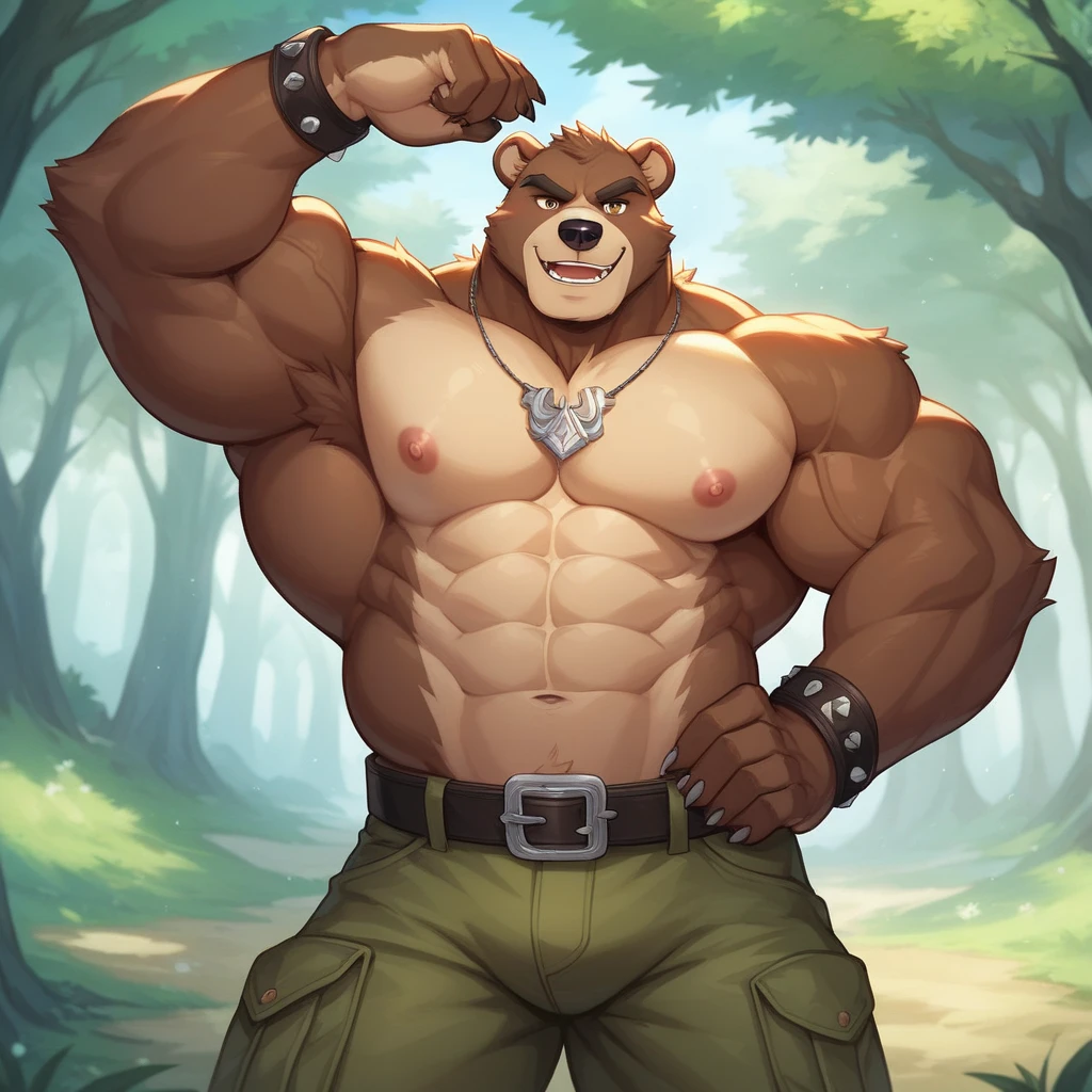 Solo, anthro, male (((bear, red eyes, red iris, black pupils, muscular, huge muscles, broad shoulders, big pecs, abs, black nipples, black hair, black body, brown fur, brown snout, black nose, brown eyebrows, neck tuft, arm tuft, ear tuft, ball tuft, facial tuft, cheek tuft, clawed hands, white claws, pubes, brown inner ear, white thong, big bulge))) standing, smirking, forest, park table, perfect anatomy, full body, by darkgem, by mystikfox61, by glitter trap boy