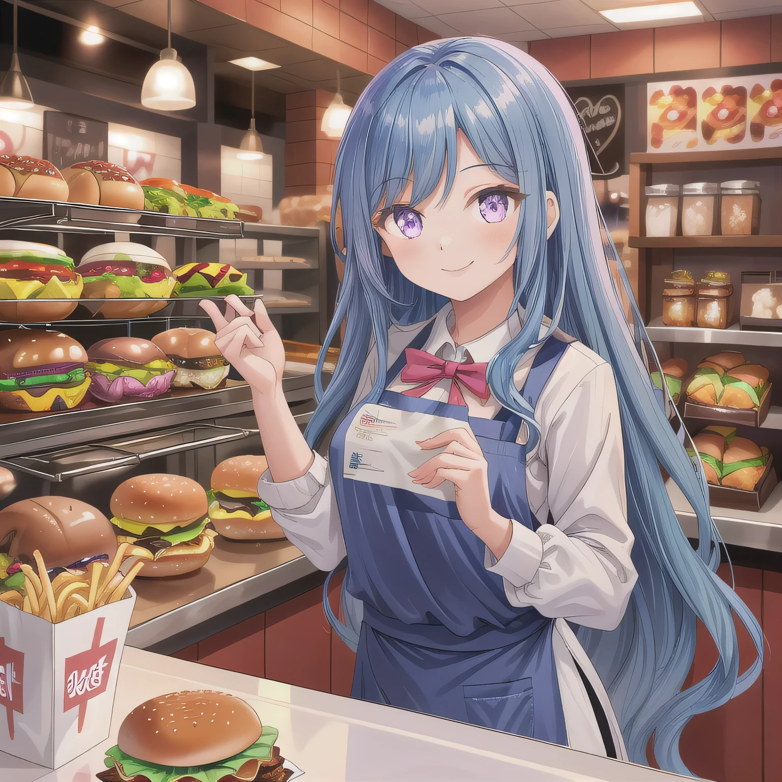 She is a cheerful girl working behind the counter at a cozy burger shop. She is wearing a cute burger shop uniform and smiling warmly at the customers. The background shows a bright and clean fast food counter with menu boards. Long hair, blue hair, purple eyes.