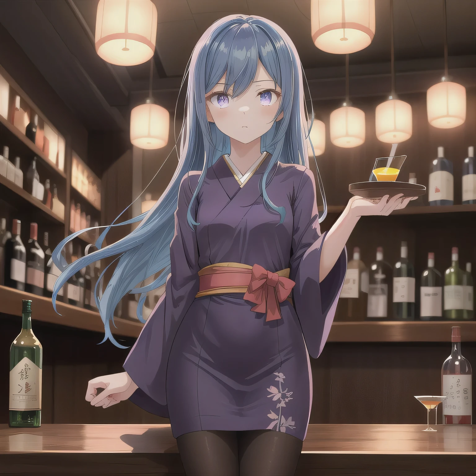 A 2D anime-style illustration. The scene is set inside a dimly lit, cozy Japanese "snack" bar. The lighting is soft and warm, with gentle shadows creating a relaxed, moody atmosphere. Bottles of liquor line the shelves behind the bar, and small round tables are scattered throughout the room. A young woman is standing near a table, wearing a stylish, slightly sexy dress commonly seen in such bars — like a fitted cocktail dress with soft fabrics and subtle glitter. She looks elegant and approachable. The focus is on the warm mood and ambient light. Long hair, blue hair, purple eyes.