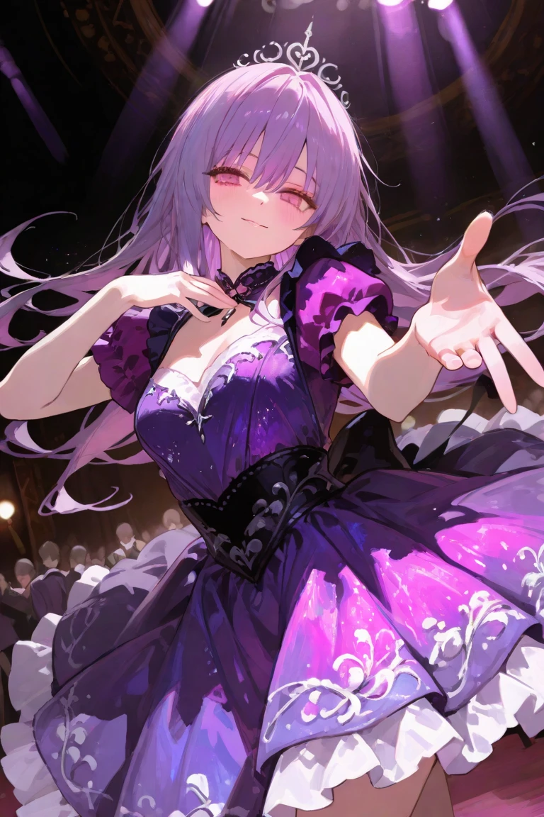 NSFW,masterpiece,Highest quality,High resolution,Very detailed,white\(no game No life\),Long Hair,Multicolored Hair,Hair between the eyes,Gradient Hair,Yellow Eyes,Small breasts,(Gothic Lolita),See-through,Bare shoulders,hair band,flower,slave,Embarrassed,blush,Luxurious mansion,Party Venue,noble,(Middle-aged men),Lead,Being sexually harassed,Being molested,From the side