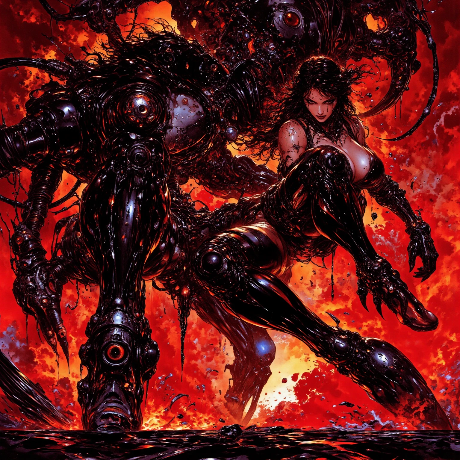 (1 skinless girl), (carnage skinless physique:1.5), (megan fox:1.5), (1 super muscular undead skinless succubus with gigantic horns:1.5), (covered in red necrotic rotting skinless muscle:1.5), (exposed muscular anatomy:1.5), (perfect fingers:1.25),(8k, RAW photo, photorealistic:1.25), dark horrific scary atmosphere, hellish landscape, Hellraiser like atmosphere,, by bernie wrightson and christos achilleos and thomas cook; 64k