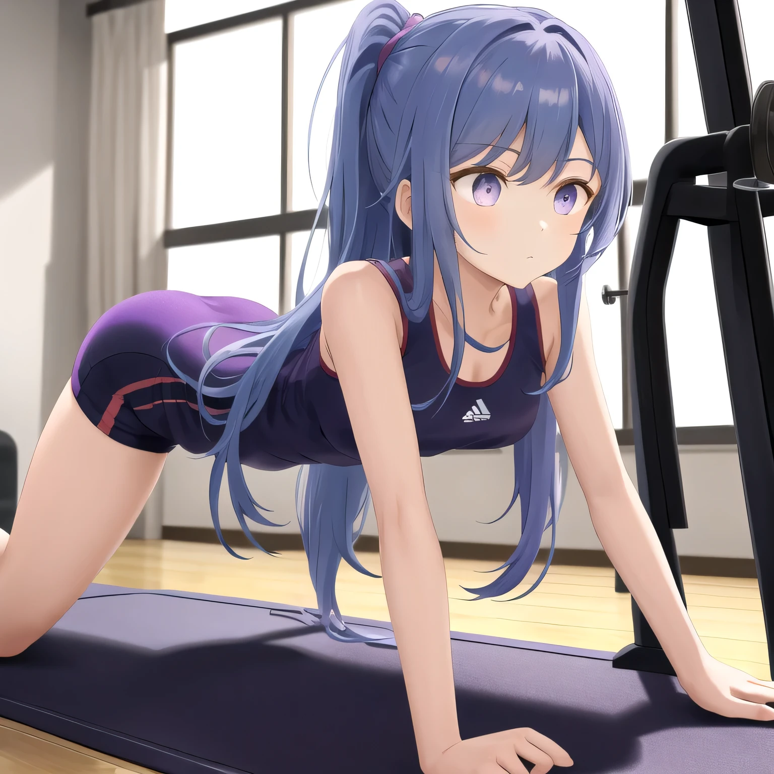 A person doing a plank exercise on a mat in a fitness gym, minimal equipment, bright interior. Long hair, blue hair, purple eyes.