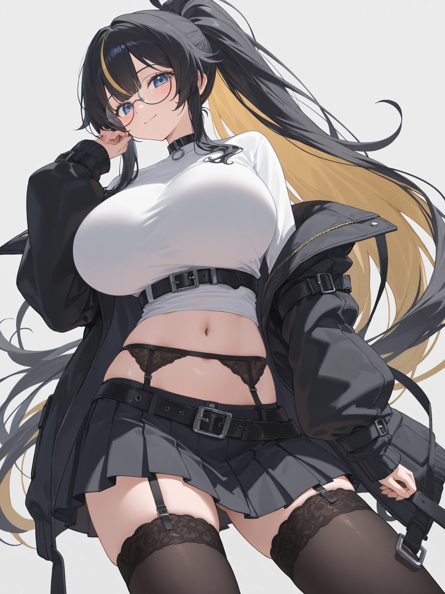 1girl, black_bra, black_panties, bra, breasts, head_out_of_frame,blue jacket, lace, lace_trim, long_hair, medium_breasts, mole_on_breast, navel, open_clothes, open_jacket, panties, panties_under_pantyhose, pantyhose, police, police_uniform, short_sleeves, solo, underwearal_youtuber, yellow_eyes,