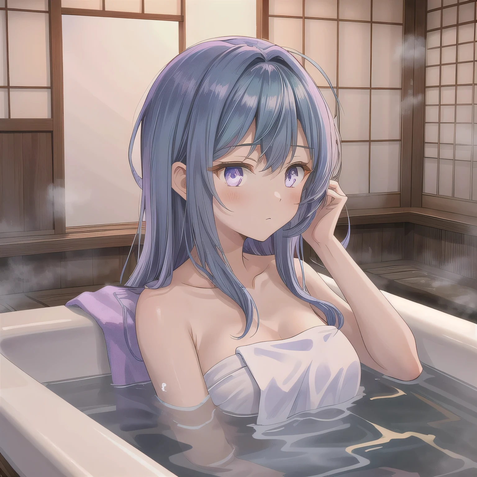 The background is a traditional Japanese public bathhouse (sento). The character is wrapped in a towel around the body, preparing to enter the bath. Long hair, blue hair, purple eyes.