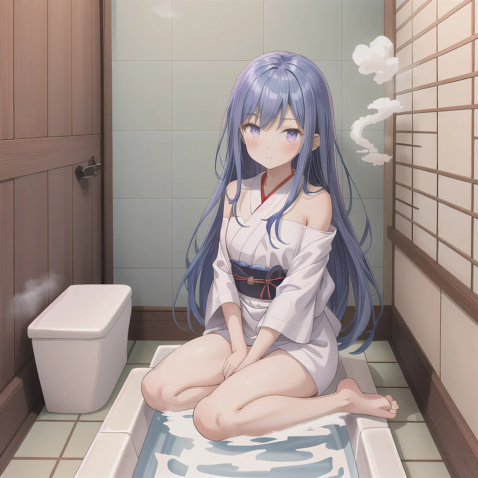 A beautiful woman in a A narrow, compact Japanese bathroom, with tiled walls, a small bathtub, and a wooden stool beside it. Steam fills the room., sitting in seiza style , politely waiting to greet someone.The character is wrapped in a towel around the body. Long hair, blue hair, purple eyes.