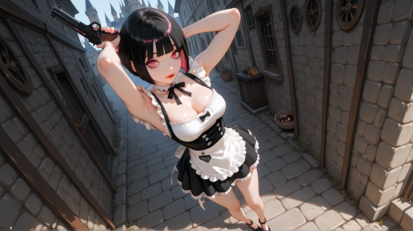 (masterpiece:1.3, Highest quality, Ultra-high resolution, Super detailed), (Realistic, photoRealistic:1.4), Perfect lighting, colorful, Depth of written boundary, Browsing Caution, Surrealism,((Pose with a gun and sword:1.3)),Beautiful detailed hair, Beautifully detailed face, Beautiful fine details, Beautiful valley,Beautiful clavicle, Beautiful body, thin脚,Beautiful feet, Beautiful breasts,Beautiful Hands, thin, 1 girl,Perfect Face, Long eyelashes,21 years old,Perfect Anatomy, Supermodel with a long neck,((Skinny1.3)),looking at the camera,(Perfect Anatomy,Anatomically correct, Highly detailed skin), Shiny skin,((beautiful girl:1.1)),(( large breasts:1.4)),(Twin tails:1.2, Wavy Hair:1.2, Black Hair) ,hair over one eye,Dainty facial structure,((Happy smile:1.2)), ((wearing(black)shrine maiden Maid:1.5)), ((Has an assault rifle)),Long hangerless gloves,Holding a gun in a bold pose,criss-cross halter,((Destroyed city)),Ruins scary atmosphere,Mood Lighting,naked,spooky,soil,Deep dark background,Complex background,Storytelling Images,action,Daytime,from above,wide shot,