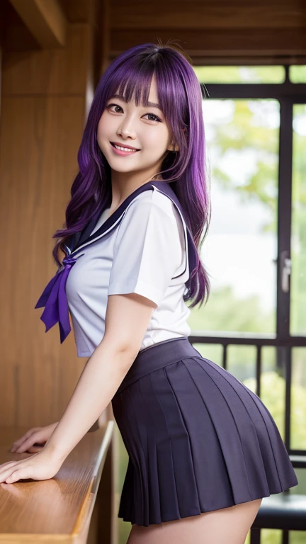 (8k, RAW Photos, Highest quality, masterpiece: 1.2), (Realistic, photoRealistic: 1.4), ((Photograph the whole body)), Chinese women、Chinese Idol、30 years old、((City of night))、(((Schoolgirl uniform)))、((mini skirt))、Bright purple hair、Wavy hairstyle、A beautiful woman with an oriental vibe、((Sharp Eye:1.3))、((Narrow eyes))、((Slanted eyes))、((The corners of the eyes are raised:1.3))、double eyelid、((Happy smile))、(Plump body)、((Chubby))、Wet Skin、(Thick thighs)、((Large, swollen breasts))、((Big Butt)),((Open legs))