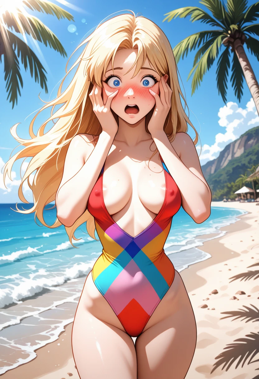 1girl, beautiful face, perfect face, (detailed face:1.5), blonde hair, beautiful ponytail hair, beautiful eyes, pink eyes, black bikini, perfect boobs, (full body in frame), beautiful beach, (beach background), perfect sand, photorealistic sea side, (photography, masterpiece), (masterpiece:1.5), (high resolution:1.5), absurdres, extreme detail on subject, high quality, highres, extreme details, realistic, realistic Lighting, directional lighting, best dynamic range, best_quality, (best resolution:1.5), (ultra high res, 4k resolution,)