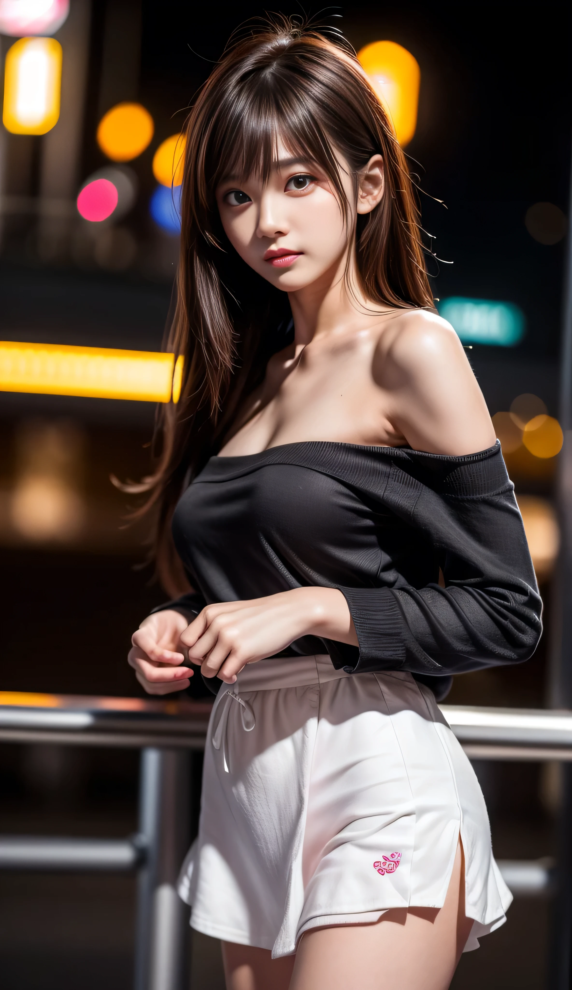 ((Realistic lighting, Best Quality, 8K, Masterpiece: 1.3)), Clear focus: 1.2, (1 girl), Perfect Figure: 1.4, Slim Abs: 1.1, ((Light Brown Hair)), Black Silk Longleg Stockings (Outdoor), City Night View, Super Fine Face, Fine Eyes, Double Eyelids, Full Body Shot