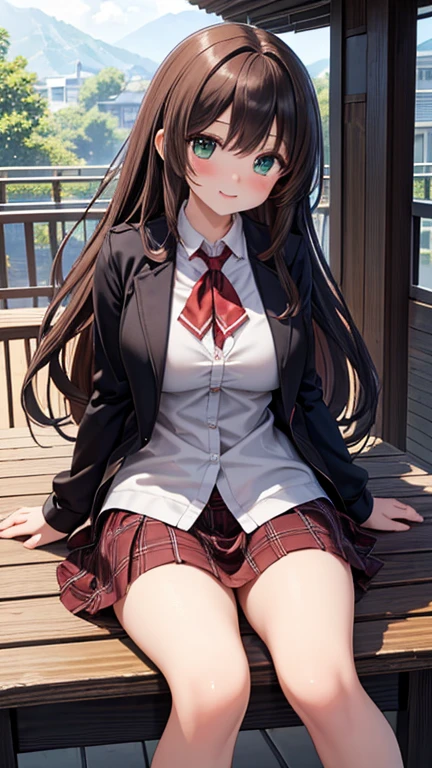 masterpiece、best quality、high resolution, outdoor, High-quality images、8K, clear image quality、1 female、Skin radiance、Skin and clothing textures、Delicate eyes and expressions、Shiny hair, Flaxen long hair、Thick bangs,trend, realism, Detailed comic style, Comic art style, Perfect Line Drawing, Beautiful line art, Digital Comic Art Girl,, Detailed brown eyes, Full lips, Delicate face,Attention to detail, (Lovely smile), charming,( (Perfect and detailed face)), (Detailed and beautiful hand drawing) Realistic images, Writing border depth, Two beautiful legs,Beautiful Feet、Thin legs ((Best Japanese school girl uniform、Ribbon Tie、Casual suits、Long pleated skirt Black knee-high socks、Brown leather shoes)), Large Breasts、Tight waist、full-body shot、Sitting on the ground with legs spread、Black lace lingerie is exposed