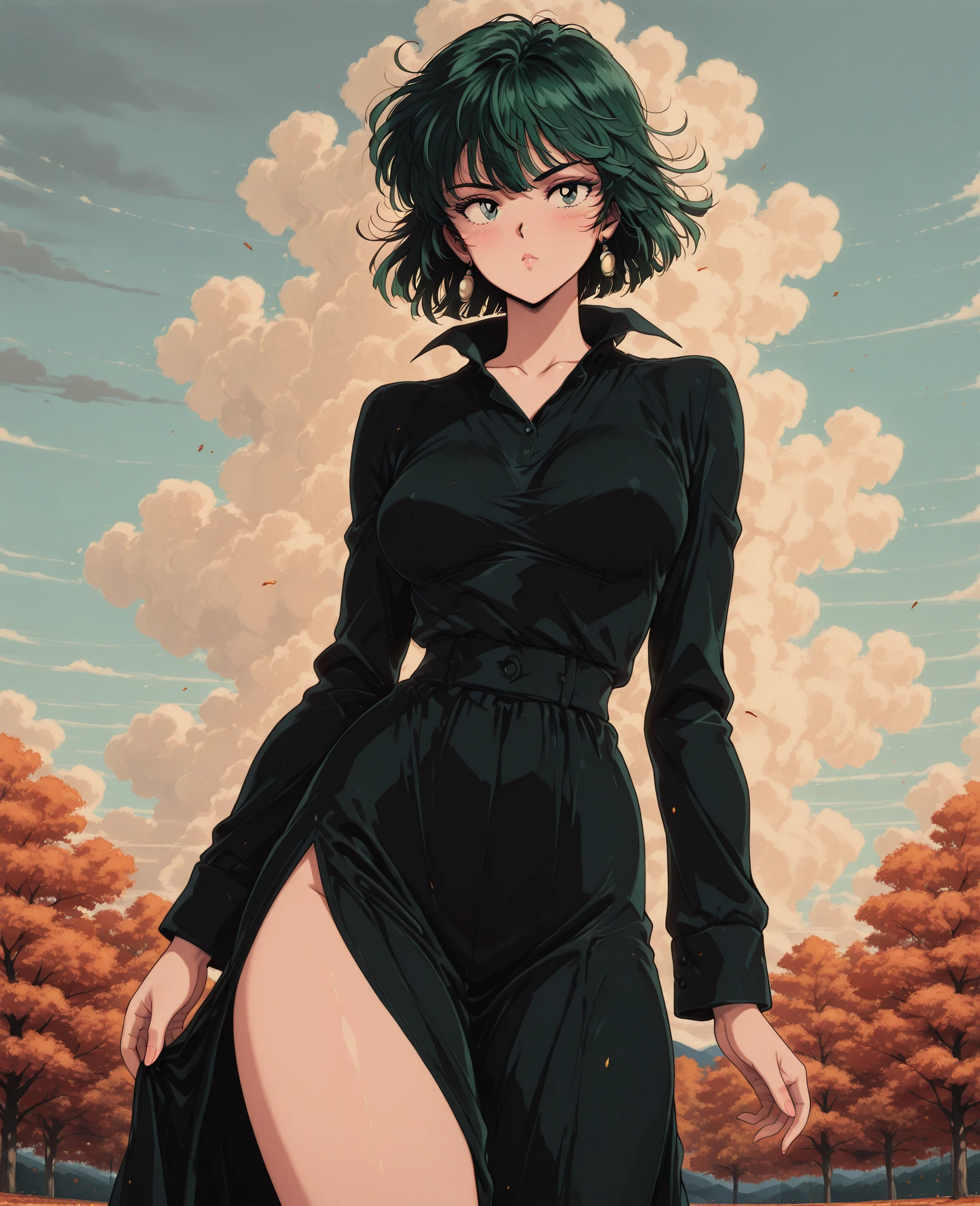 Uma mulher em um vestido verde sentado em uma prateleira,Fubuki de Um Soco Homem, Menina bonita do anime agachado, Fubuki, thicc, Ela usa um vestido verde escuro, Fubuki, peeping from behind, Postura das costas, Total growth behind, Growing from behind, Menina anime sedutora, mulher anime