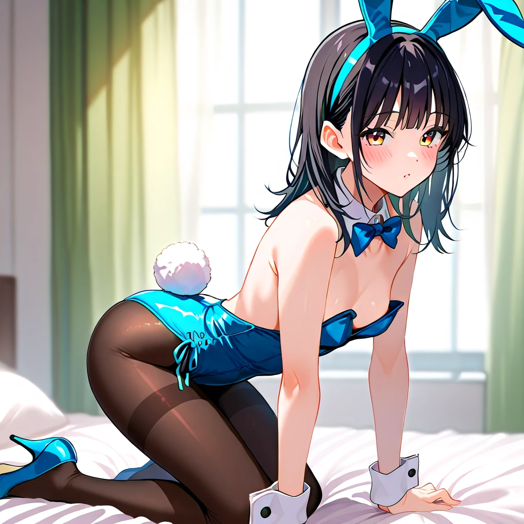 (High Definition CG unity 8K Wallpaper), (The finest Guo(masutepiece, of the highest quality, Kyoto Animation Style Illustration, of the highest quality, Official art, aesthetics, Beautiful details, :1. 2), Break HA, BREAK,girl, Cute, Cheerful, face, A dark-haired、a short bob、tareme, gleaming skin, Hugging a stuffed rabbit,
Playboy Bunny, shiny school swimsuit, Colorful high socks,Bunny Years Hair Band, Sitting on the sofa, Open legs wide ,Awaken,looks sleepy,
(Toy store background, Lots of stuffed animals:1.2),
Ridiculous resolution, Ultra-detailed, Best Quality