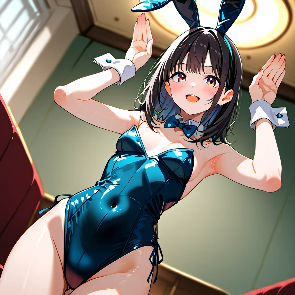(((masterpiece))), ((Highest quality)), (Very detailed), ((High resolution)), ((8k)), ((Anatomically correct)), One very cute girl, Baby Face, (Big Breasts), Blonde, Short Hair, Braid, Brunette color hair, Letting down your bangs, (Short), (Petite), Charming smile, Emerald Eyes, Best moment, Delicate arms, Detailed skin texture, Intricate details, Very detailedな顔, Beautiful thighs, Beautiful curves, (Sweating), At the casino at night, (((Bunny girl))), ((Fake rabbit headdress)), heart, Spread your legs, (Wearing black tights), (Wearing high heels),
