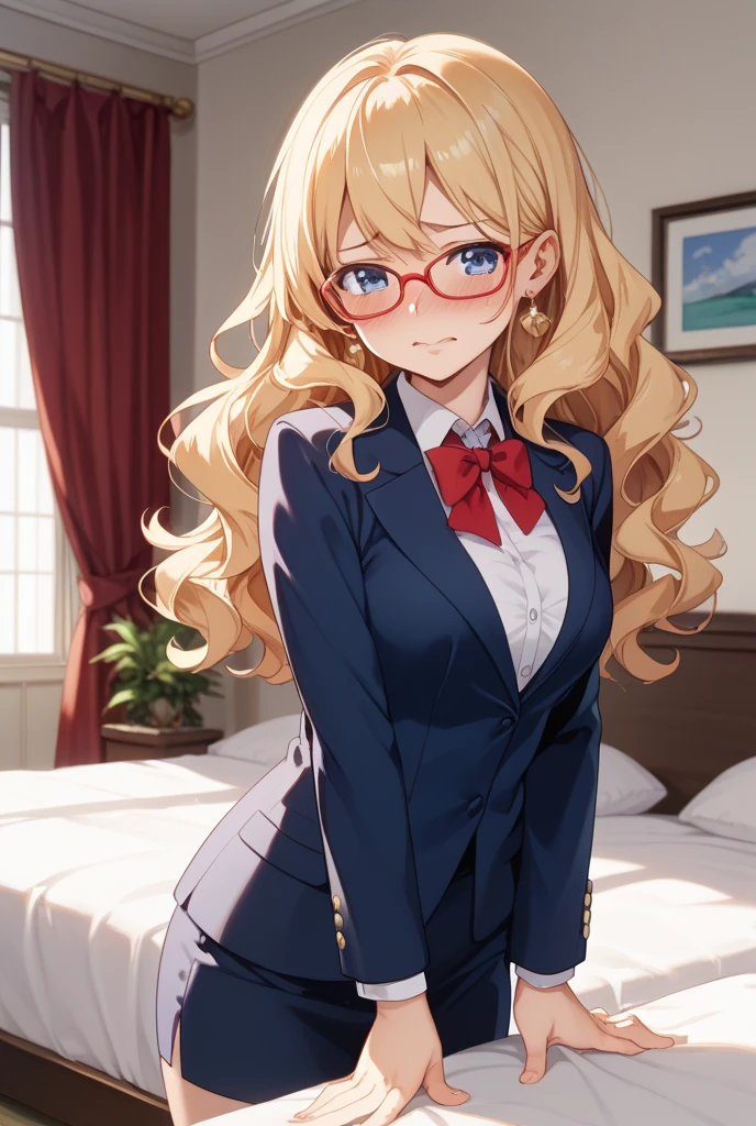 masterpiece, best quality, 1girl, <lora:artoriaruler-nvwls-v1-000009:0.9> 1struler, braid, ponytail, tiara, fake rabbit ears, blue blazer, red bowtie, large breasts, pleated skirt, furrowed brow, smile, hallway, glasses, white shirt, collared shirt