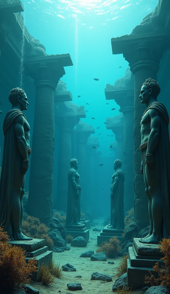 3D view, Atlantis, underwater world, broken ancient Greek temple, broken statues of Greek gods