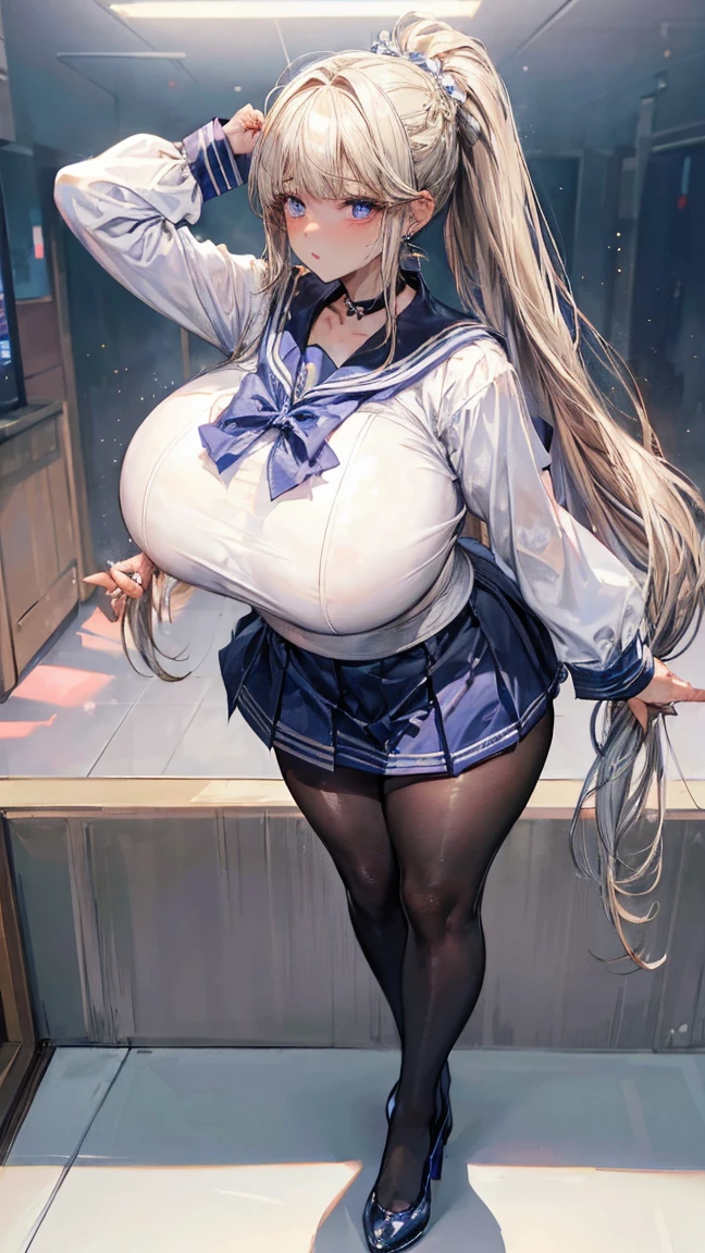 (masterpiece:1.2、Highest quality、Tmasterpiece)、1 female、alone、classroom、Day、stand、beauty、(blonde)、ponytail、blue eyes、(Oversized Sailor Suit:1.4)、(Dark Skin:1.4)、break、Big Breasts、Big Ass、Long sleeve、corset、Earrings、lipstick、(pantyhose:1.2)、choker、mini skirt、blush、Covered breasts、Bangs braids、(Thick lips:1.2)、Big nipples、((ass on glass:1.3))