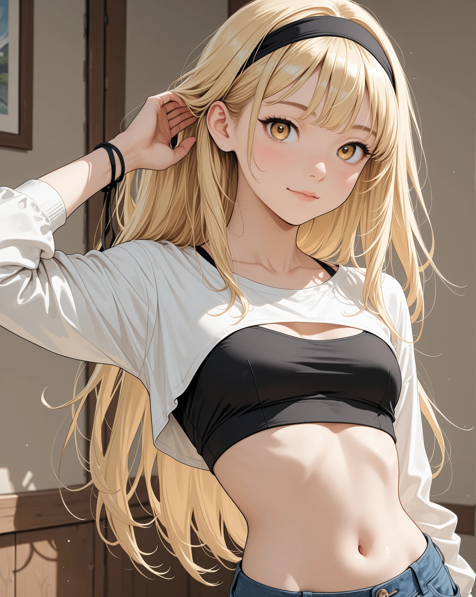 young blonde girl in cropped top and headband