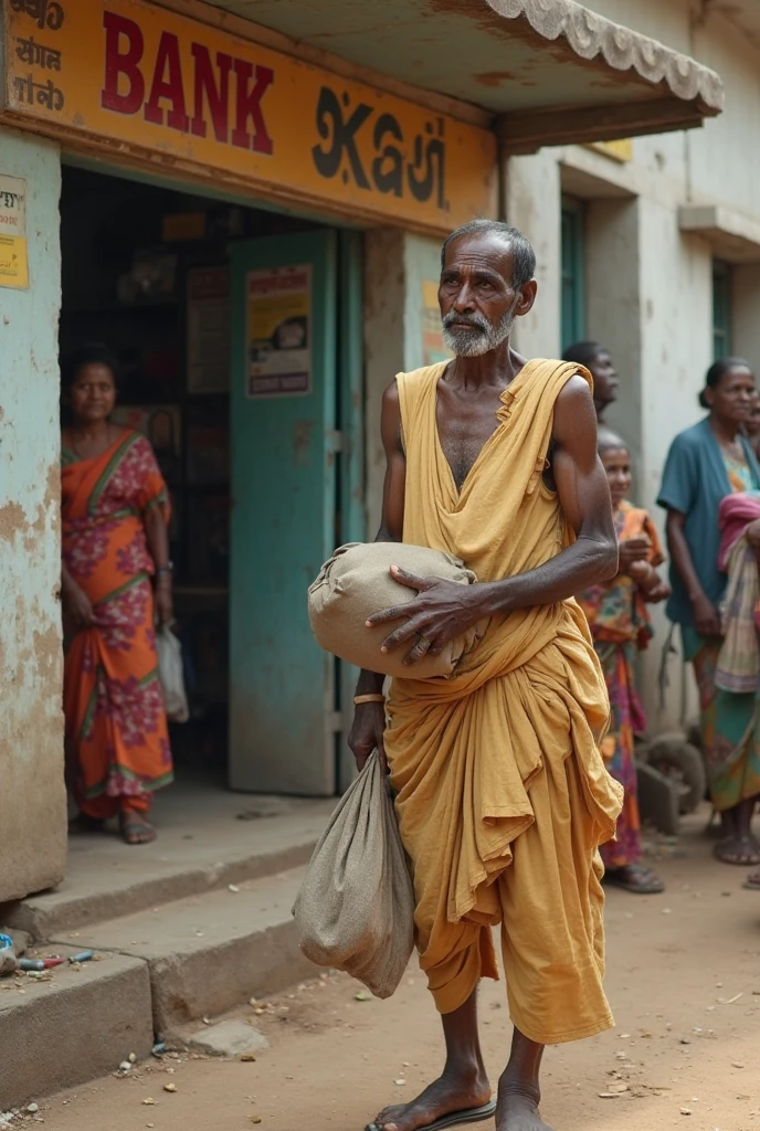 An old man offering milk to Shivalinga and many people standing around watching.