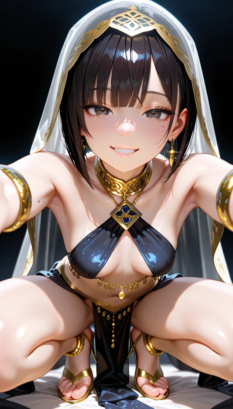 naked, crying, tears, eyes wide open, straddling a man, penis in pussy, in vagina, dark skin, sweat all over, goddess, priestess robes, circlet, dark temple, blushing cheeks, one woman, one man