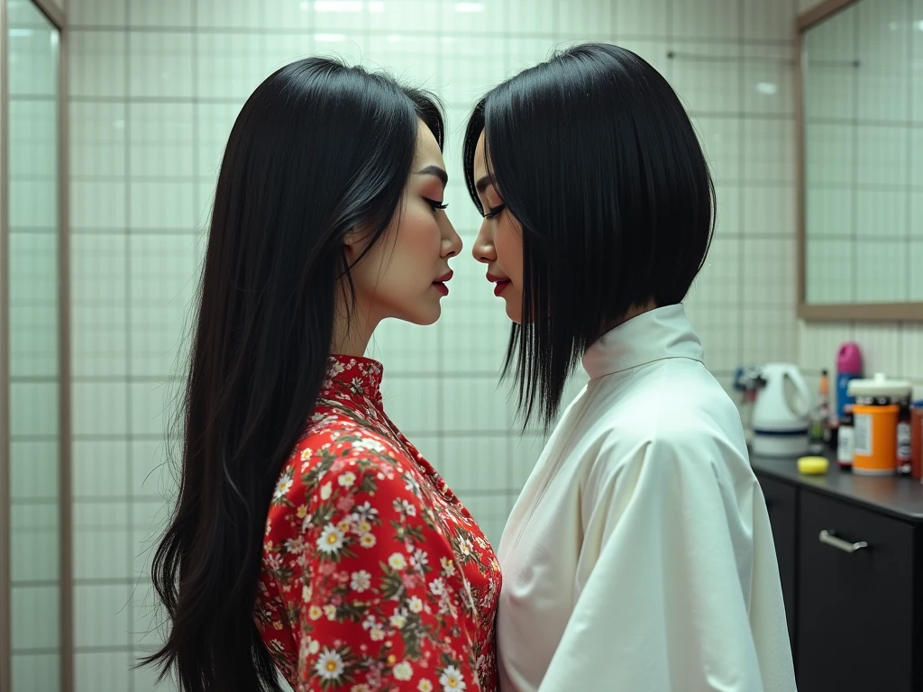 three japanese eldery mature ladies in kimono at luxerius office items sorrounded bright lighted modern office,their black straight bob hair back side made in to low single small ponytail while front parted hair maded into twin bun,100 liters of oil poured over their hairs making slick shinning like mirrors,tongues are highly visible,kissing