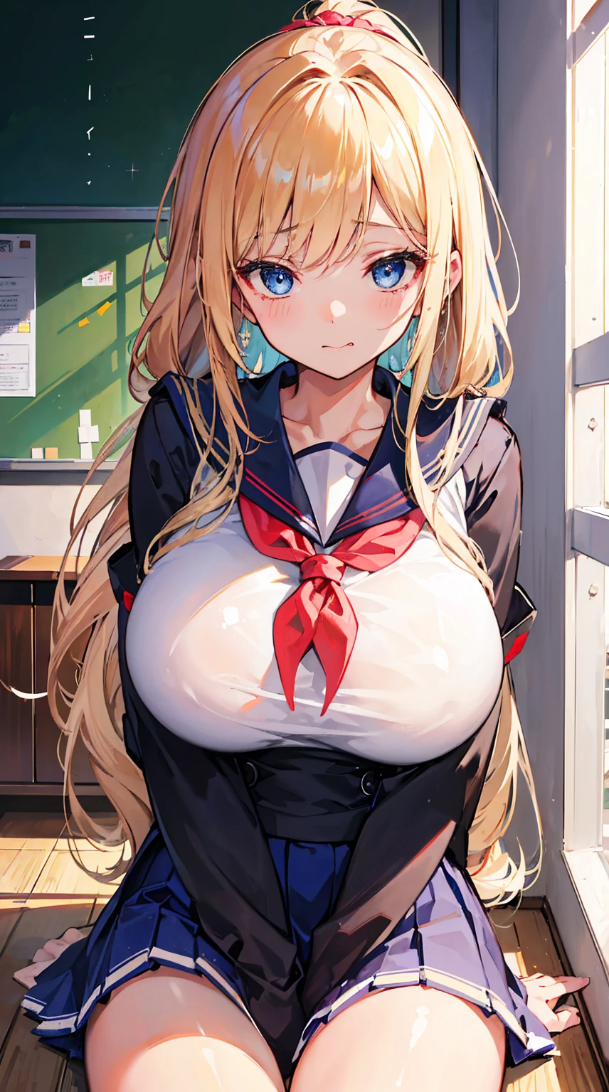 A woman with big ,Lovely daughter,,Light blond long hair,Blue Eyes,clavicle,(Rococo:Sailor Suit|1.2),weak,Sexy,Color,lactation,blush,Bright Light,Sitting on the living room carpet,Show the chest,