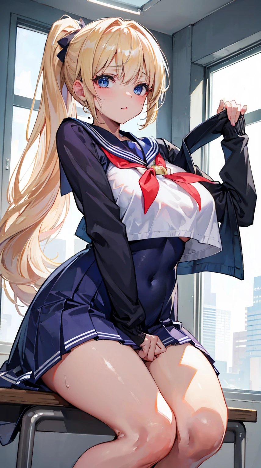 top-quality、realistic touch,high-detail、photoRealstic、thin-waist、captive beauty、big eye、solid platinum-blonde eyelashes、platinum-blonde、full body Esbian、Sparkling eyes, cheeks flushed、thin-waist、In the classroom of the school、She is in estrus、a sailor suit、cocky expression、Super short skirt with V-line visible、Sleeveless、Navel look、small tits、Ponytail hair style、a sailor suit that is extremely short in length、Black thigh socks、huge tit