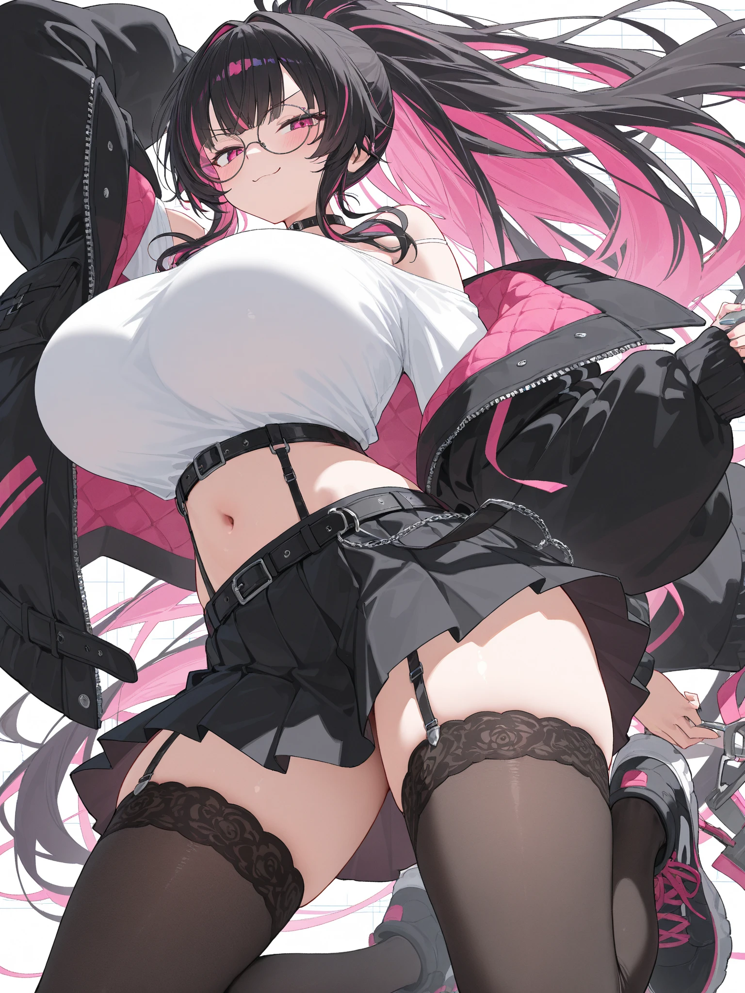 TachibanaHinano, Long hair, (split-colored hair, Black hair, Pink hair:1.3), Blue eyes、bow ribbon、(top-quality、8K、32K、​masterpiece、nffsw:1.3)、1girl in、(Solo)、((Colossal tits:1.5))、(slender figures、perfect body type:1.2)、(Compressed chest:1.3)、Smile、blush、white  shirt、frilld、Suspender Skirt、(pantyshot)、white  panties、(spread your legs wide)、(tiptoeing)、White pants、M-shaped legs、Pee、Her body is delicately designed((​masterpiece:1.3))Perfectly designed for smooth and beautiful skin。