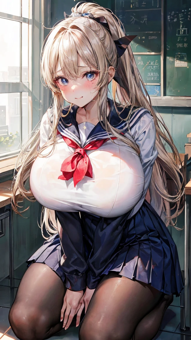 (masterpiece:1.2、Highest quality、Tmasterpiece)、1 female、alone、classroom、Day、(Are standing)、whole body、blonde、ponytail、blue eyes、(Navy blue sailor suit:1.4)、(Dark Skin:1.4)、Big Breasts、Long sleeve、corset、Earrings、lipstick、(barefoot:1.2)、Sweaty、choker、Scrunchie、(Short mini skirt) 、blush、Covered breasts、Bangs braids、(Thick lips:1.2)、((Standing Split:1.5))、((Raise one leg:1.4))(No pants:1.6),(Love juice:1.5),(Elaborate:1.5),(The shape of the nipples is visible:1.1)