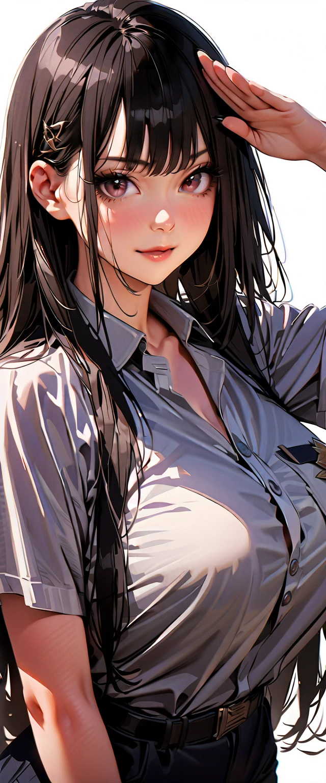 20 years old,1 mature woman,hyperrealistic, 8k, (extremely detailed 8k), (very delicate and beautiful), (masterpiece), (better quality:1.0), (ultra high resolution:1.0), (masterpiece, best quality),cute,black hair,cowboy shot,white background,realistic skin,claw pose,big breasts,evil grin,hime cut,black nail,extra long hair,gothic lolita