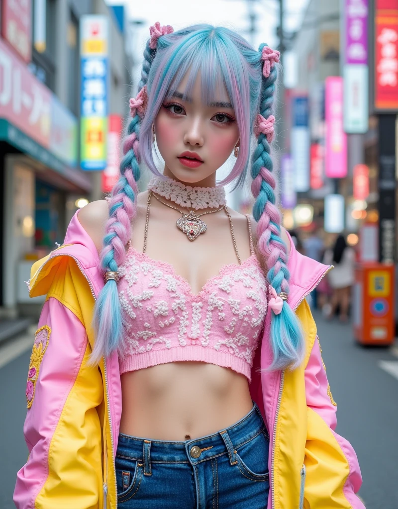 photorealistic,(4k,masterpiece, best quality,ultra highres),
little-girl,cute,tween,kawaii,(random color hair,multicolored hair:1.2),(harajuku-style decora punk fashion:1.4),(girl with layered colorful clothing:1.2),(multiple hair clips),knee-high socks with different patterns),carrigyng a pulshie,standing at harajuku street,dynamic angle,(cowboy shot:1.0),happily smile,BREAK.beautiful detailed face,shiny skin, eyes with large brown irises, small mouth, fresh lips, tall , nose blush, medium breasts,BREAK nsww,slutty,((She lifts up her skirt and shows her panties:1.2)),panties focus,(visible panties)