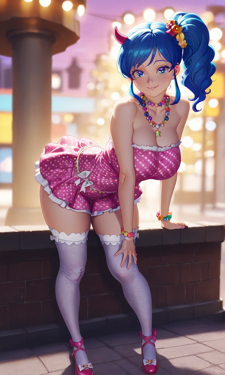 alisa,pink hair,two-tone hair,green eyes,medium hair,looking at viewer,
dress,cleavage,blush,spread legs,white underwear,teeth,
morning,city square,smile,
(insanely detailed, masterpiece, best quality),solo,<lora:alisabosconovitch:0.8>,