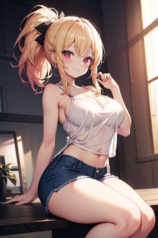 Anime Kawaii sexy Perfect Slim sensual body large breast and huge thighs, An intricate and highly detailed illustration of anime (Young girl) (best qualityer, work of art) ((1 girl)), ((única Woman)), Woman, Thick, big cleavage, Jumpy, hot head, melhorar, skin tanned, ((abdomen)) (darkskin) eyes black, hair blonde, Messy hair, ((((Tank Tops)))), sloppy, sitting on the floor, messy table, empty canned beers, inside a house