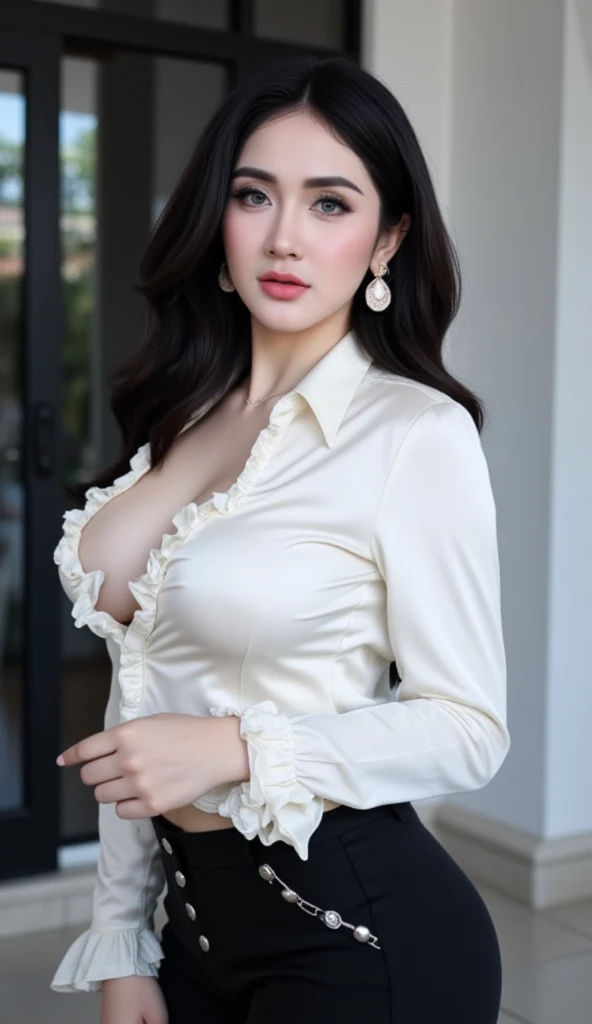 (One Person), (Masterpiece, Best Quality), (A Gorgeous 25 Years Old Female Model), (Shoulder-level Black Hair:1.2), (tall:1.2), (exotic Fair Skin:1.2), (Busty breast Size:1.2), (Deep Cleavage), Intricate Face Detail, Cinematic Shot and Lighting, Realistic and Vibrant Colors, Masterpiece, Sharp Focus, Highly Detailed, Taken with DSLR camera, Depth of Field, Realistic Environment and Scene, Master Composition and Cinematography, (formal_shirt_and_skirt:1.2), (thighs-high stocking:1.2), (Dimly Lit Bedroom at Night:1.2), (medium_full_shot:1.4), (smile:1.2), (look at viewer:1.2)