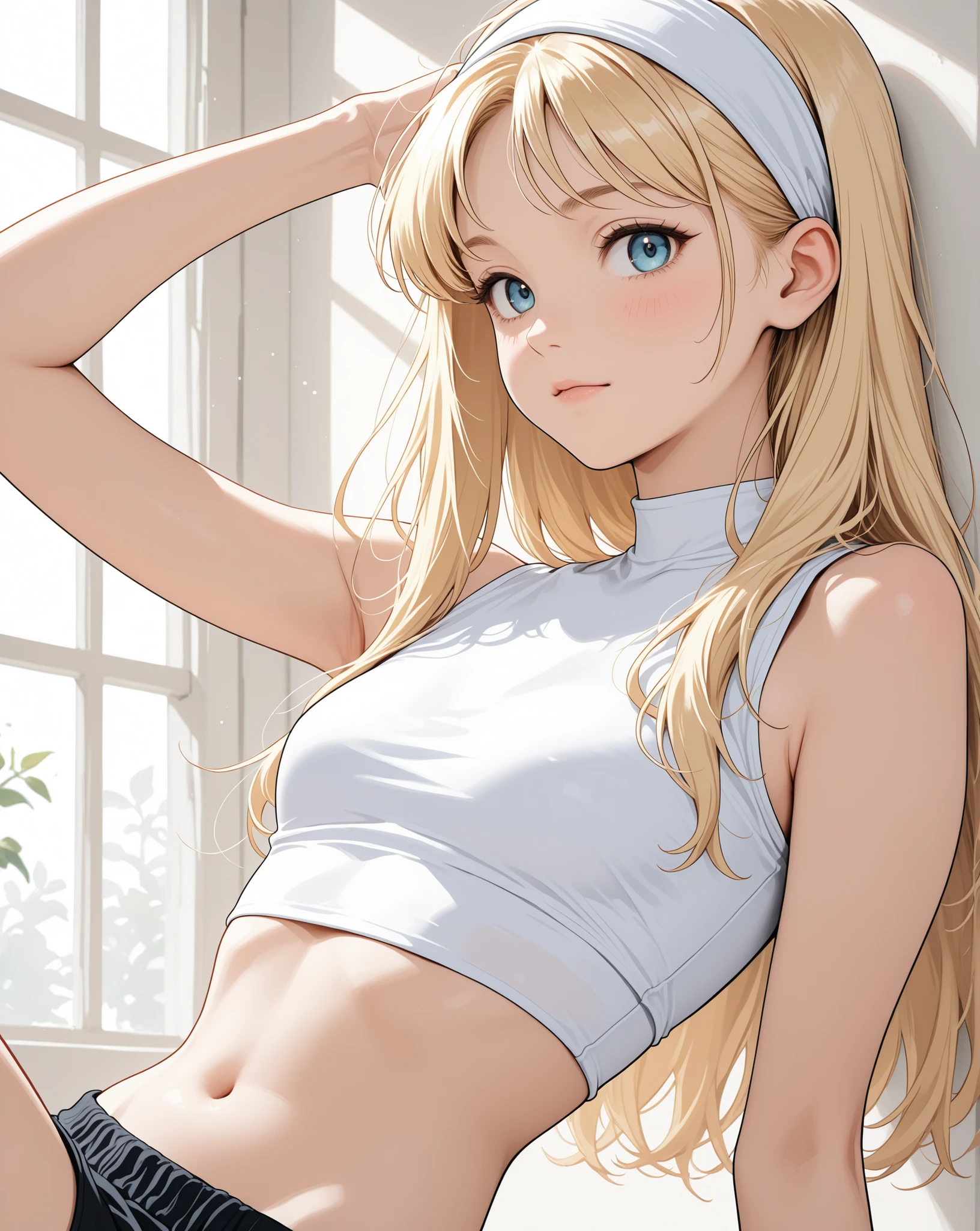 Young blonde girl in sleeveless white crop top and headband