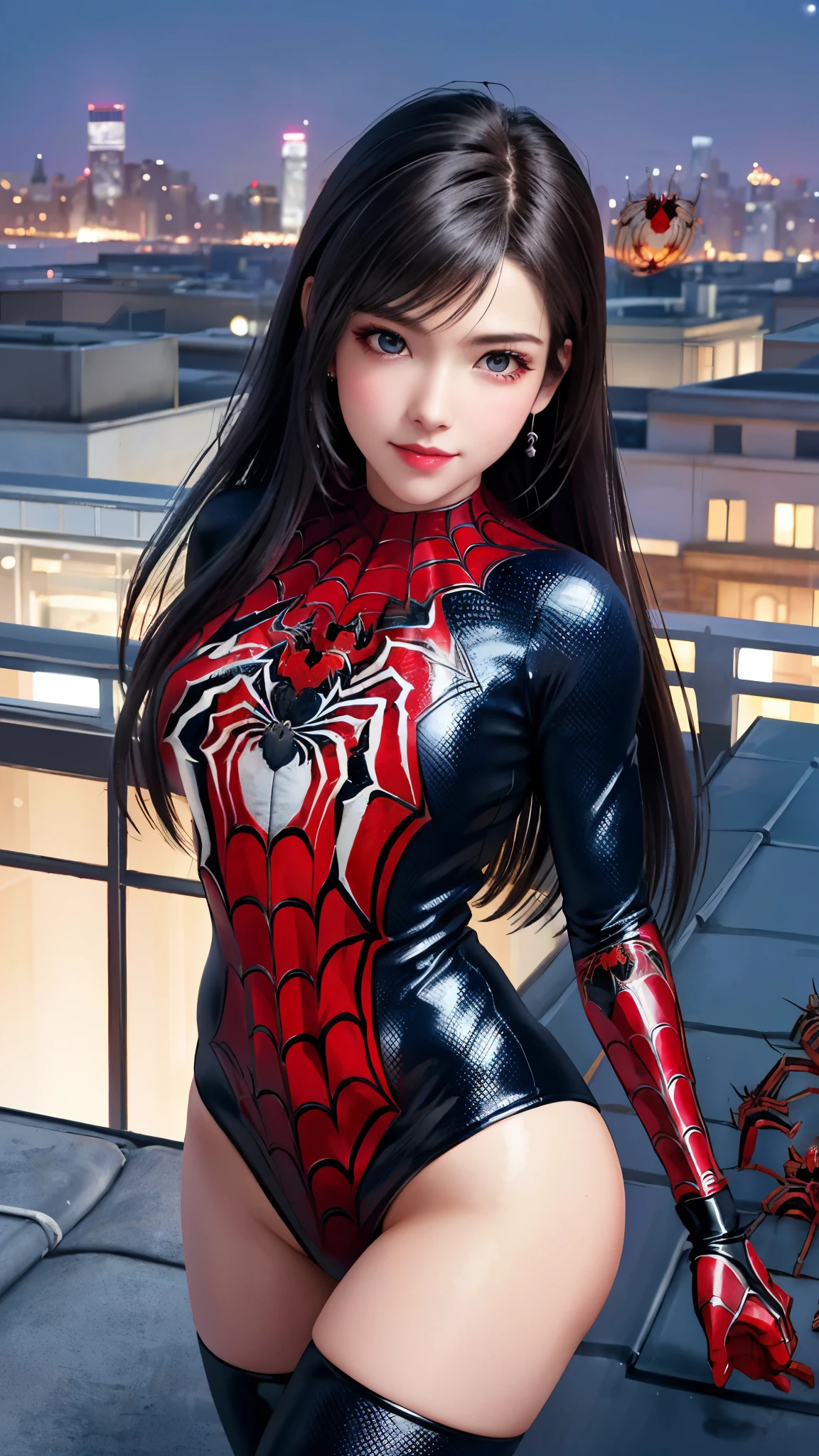 masterpiece、top-quality、hight resolution、(Realism:1.4)、(depth of fields:1.5)、1 girl in、(A detailed face)、(upper_body:1.5)、Standing in a big city、
hair wavy、large full breasts、looking at the viewers、(Spider-Woman Suit:1.4)、Photorealsitic、(Show off your crotch)、(M-shaped legs:1.3)、(Open your legs with both hands)、Mansuji、mekosji
(egyosar:0.3), (ulzzang-6500:1),