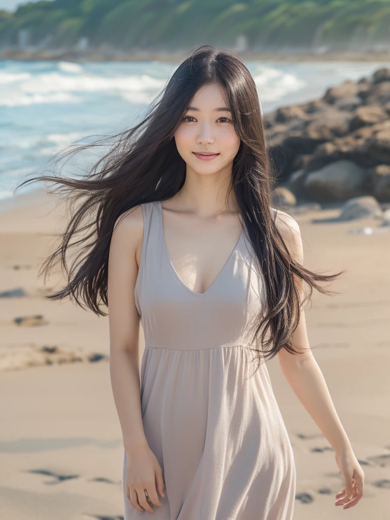 1woman,28yo,Close up,Detailed details,、high resolution、high quality、Perfect dynamic composition、Beautiful detailed eyes、Natural Color Lip、1 persons、Transparent skin、Glowing hair、smiling,masterpiece、Best Quality、finely detail、high resolution、8K、The correct state of the human body、She wears a navy blue long knit dress、randome pose、Gravure Model Pose、Hair soaring in the wind,((beach side)),