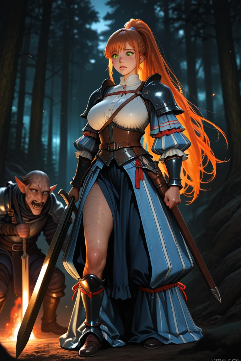 Red Riding Hood and the Big Bad Wolf, big breasts, frontal, full-length, looking at the camera, facing the audience, standing pose, cottage background, three-dimensional light, detailed full-body concept, sleek digital concept art, beautiful full-body concept art, art trend, CGsociety full-length,