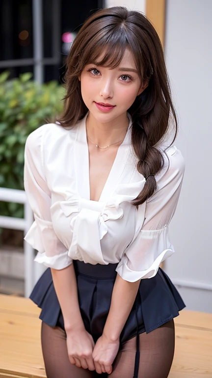 nsfw, best picture quality, 8K, high quality, masterpiece:1.2), ((masterpiece)), (high detail, high quality, best picture quality), bokeh, DOF, Portrait, open stance, (photo realistic:1.4), real skin texture, (french sleeve frilled shirts), frilled tight skirt, short hair, pantyhose, (holding on to the train's suspension leathers:1.2) on a (crowded subway train), (her armpits fully visible), very round face, brown hair, (plump body), shoot from below, looking aside, bun style hair, smiling, short height,