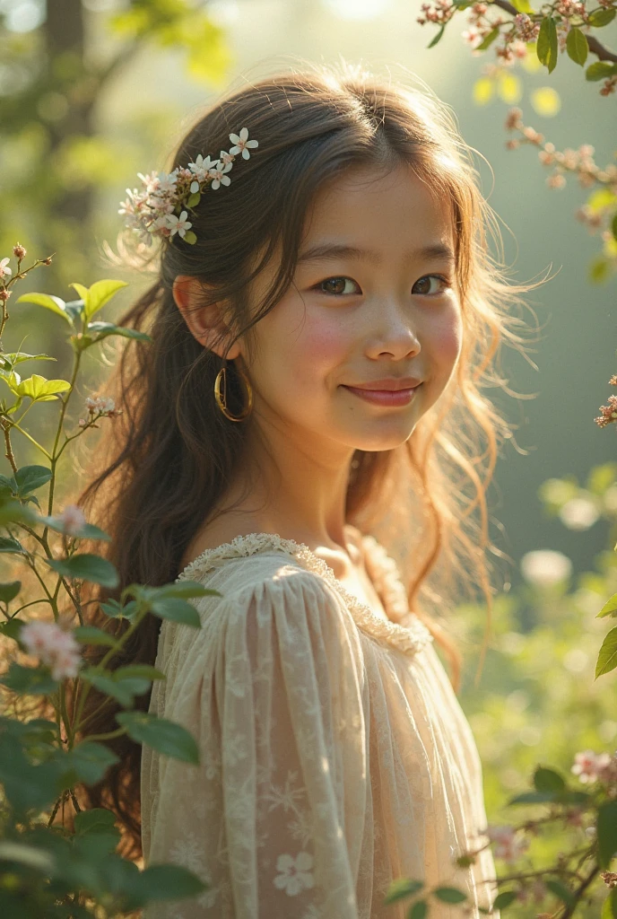 8K、10 year old beautiful girl, Laugh healthily and jump high,length hair、detailed beautiful faces、see-through camisole dresses, flower  field、Very strong wind